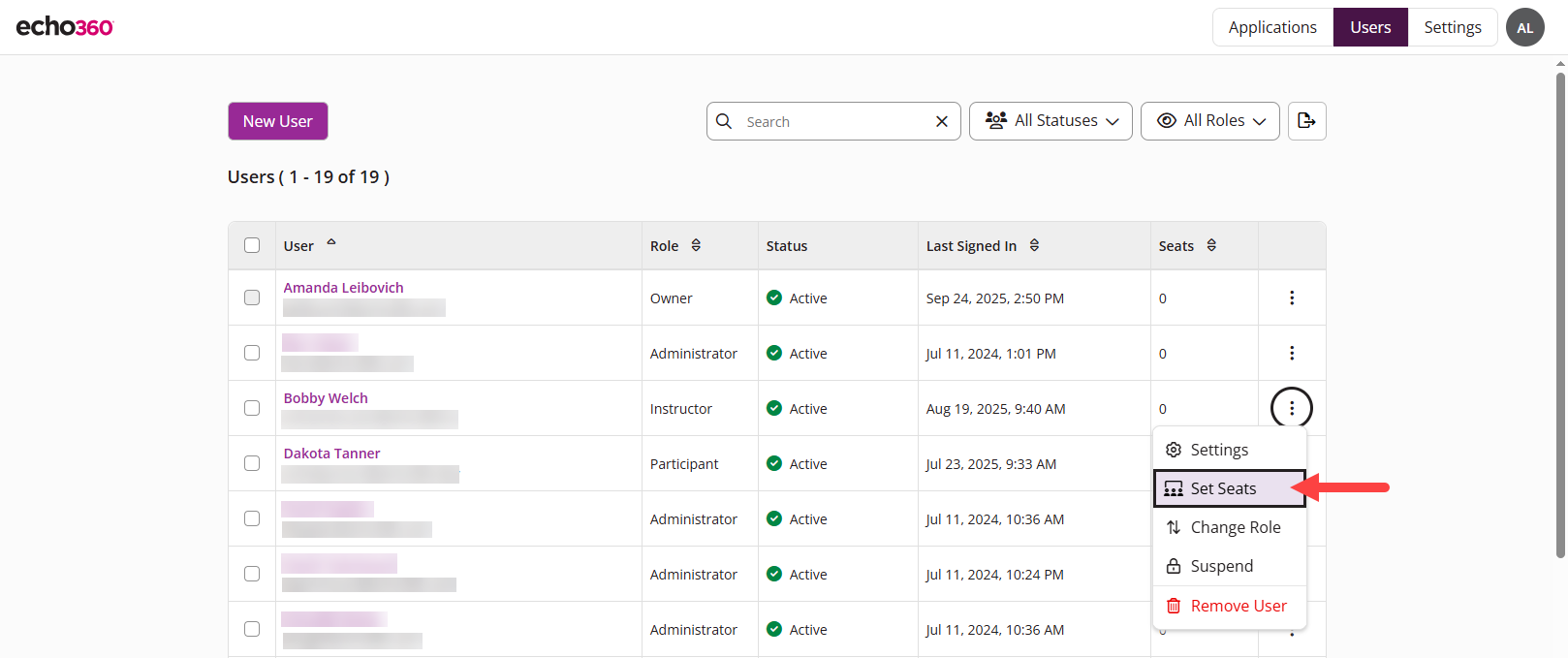 The EchoPoll User Management page with a user's options expanded and the Set Seats option highlighted