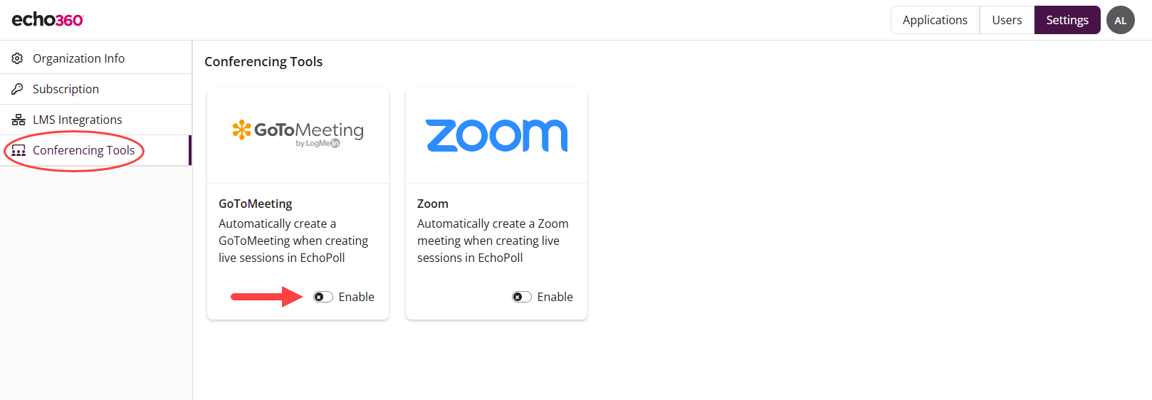 GoToMeeting toggle on Conferencing Tools tab identified as described