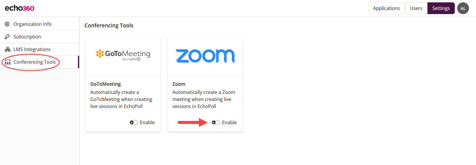 Zoom toggle on Conferencing Tools tab identified as described