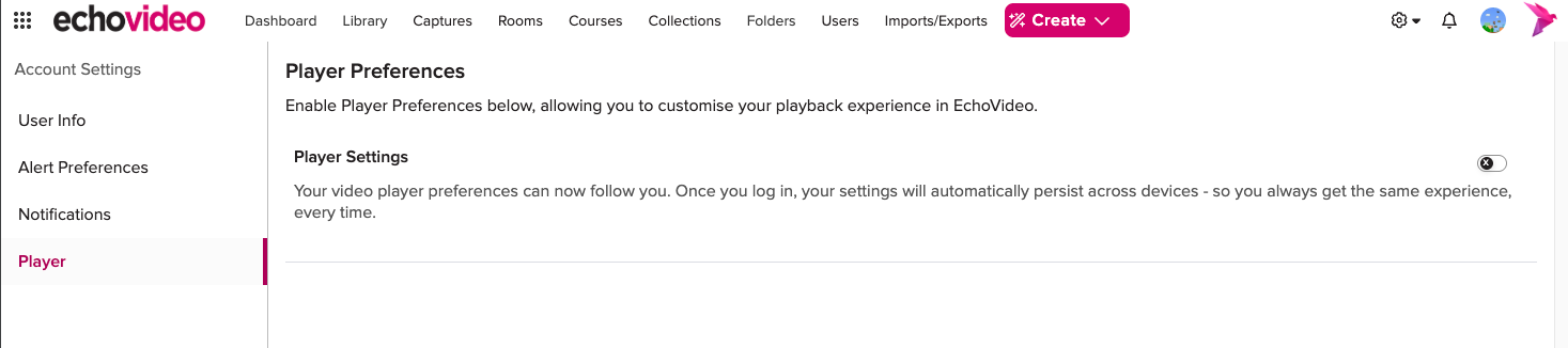 Player Settings toggle under Player Preferences in Account Settings