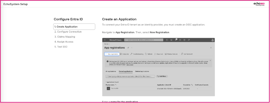 EchoSystem Setup showing step 1 Create an Application for Configure Entra ID as described