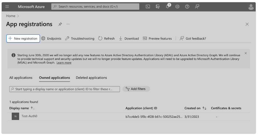 Microsoft Azure App registrations showing the + New registration option highlighted