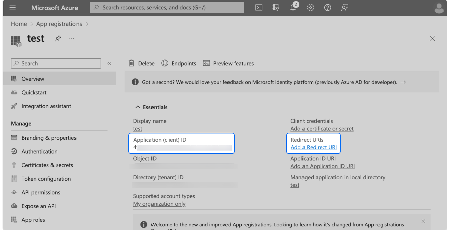 Microsoft Azure App registrations Overivew showing the Application (client) ID and Redirect URIs fields highlighted