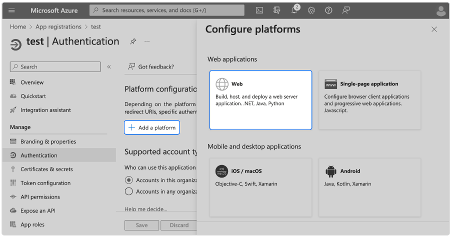 Web option for Configure platforms highlighted as described