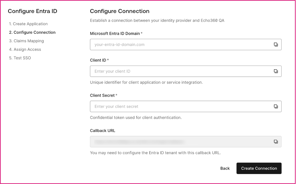 Configure Connection step of the Configure Entra ID with Microsoft Entra ID Domain, Client ID, and Client Secret fields displayed