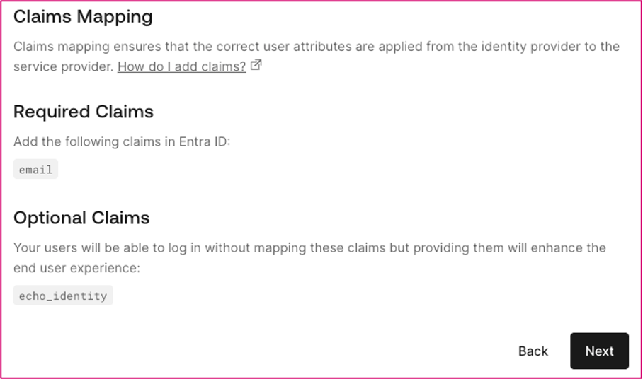 Auth0 Self-Service Wizard showing Claims Mapping, Required Claims, and Option Claims