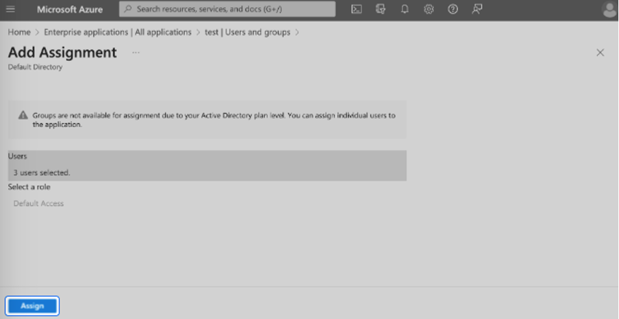 Users showing 3 users selected with Assign button highlighted
