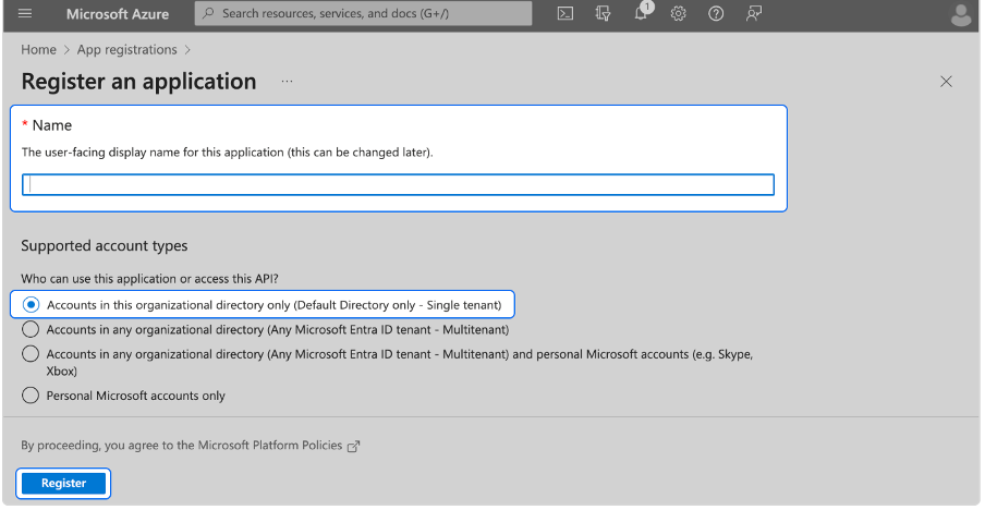 Microsoft Azure Register an application showing the Name field and Accounts in this organizational directory only open selected and highlighted