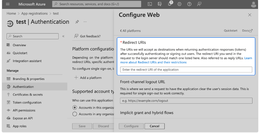 Redirect URIs for Configure Web highlighted as described