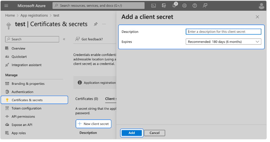 Add a client secret area with Description and Expires options highlighted