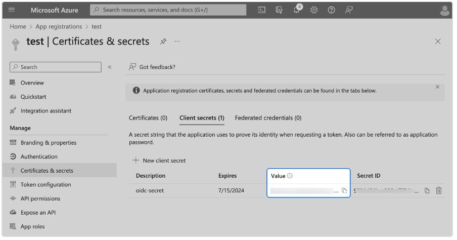 Value option of Certification & secrets highlighted