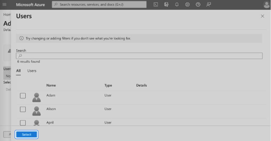 List of Users with Select button highlighted