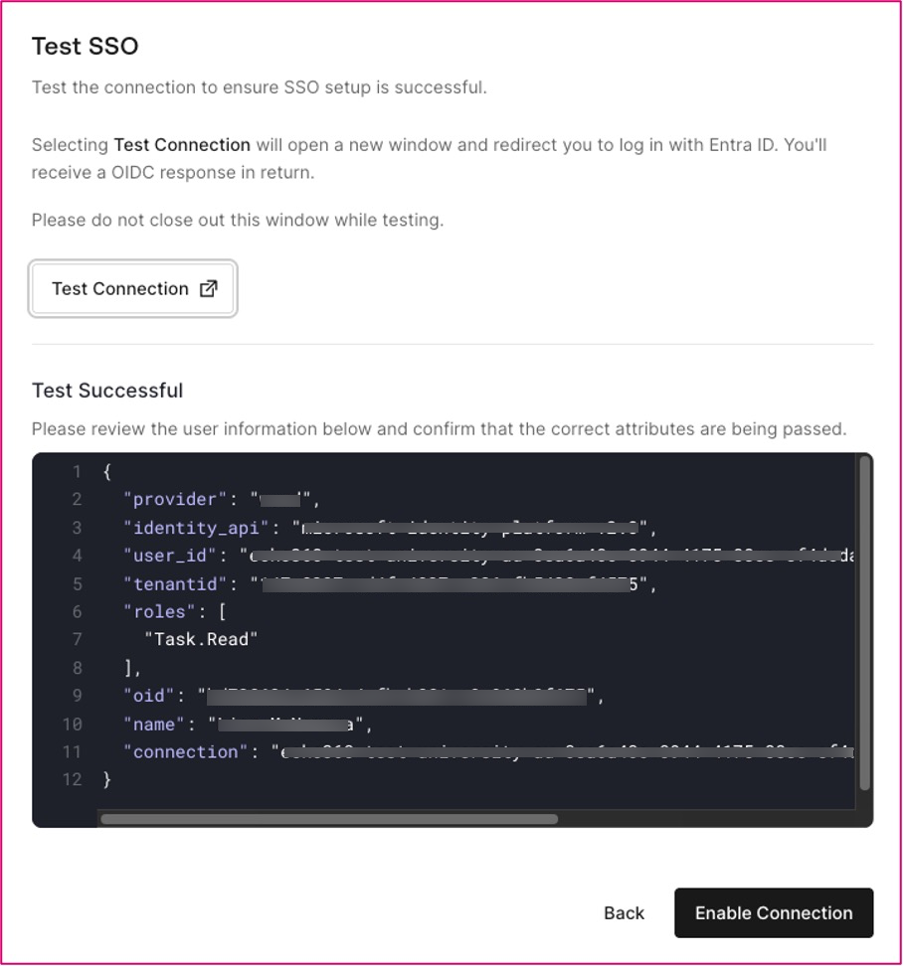 Test SSO screen showing a Test Successful message and an Enable Connection button