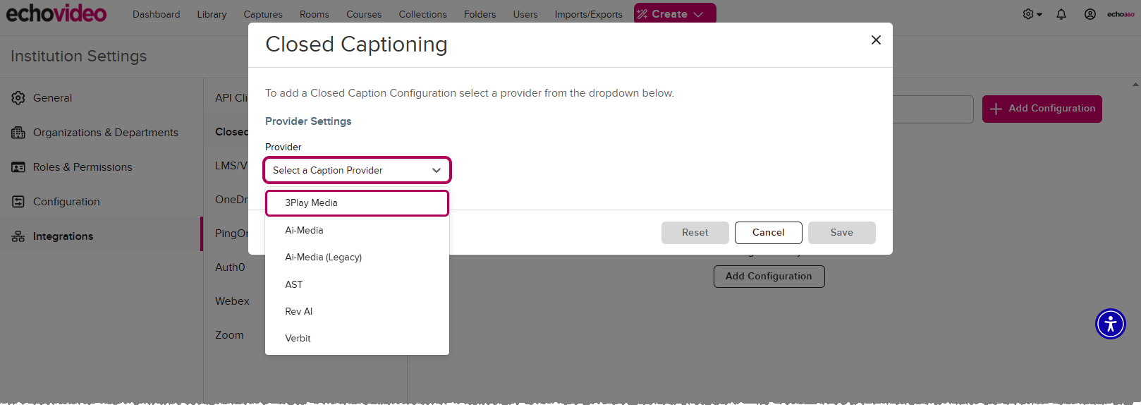 Closed Captioning modal showing the provider dorpdown open and all available providers displayed as described