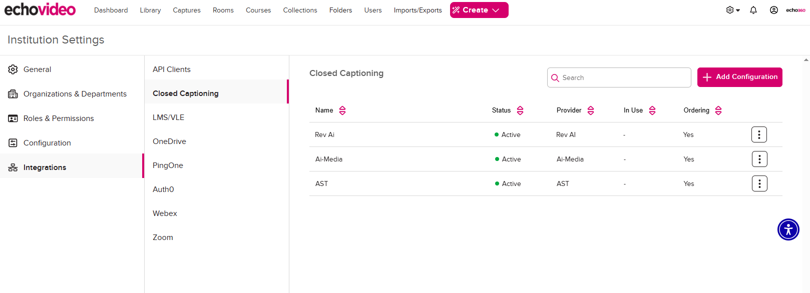 Institution Settings, Integration, Closed Captioning and several configurations shown as described
