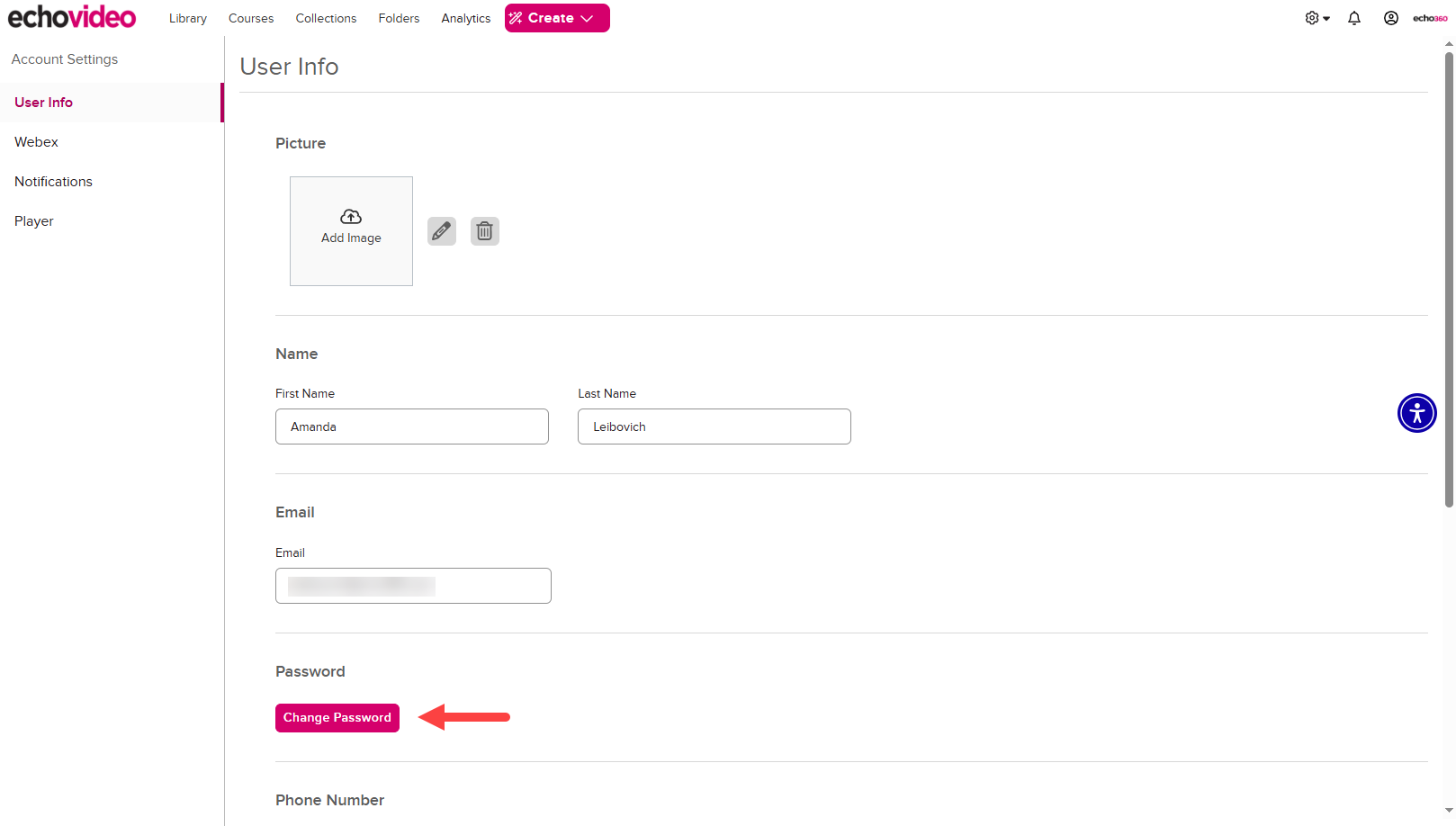 User info page of account settings with password field and button as described