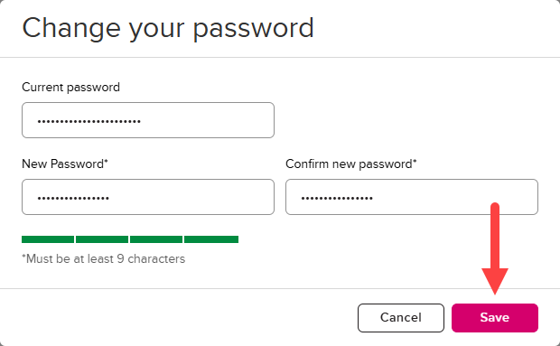 Change your password modal with fields as described