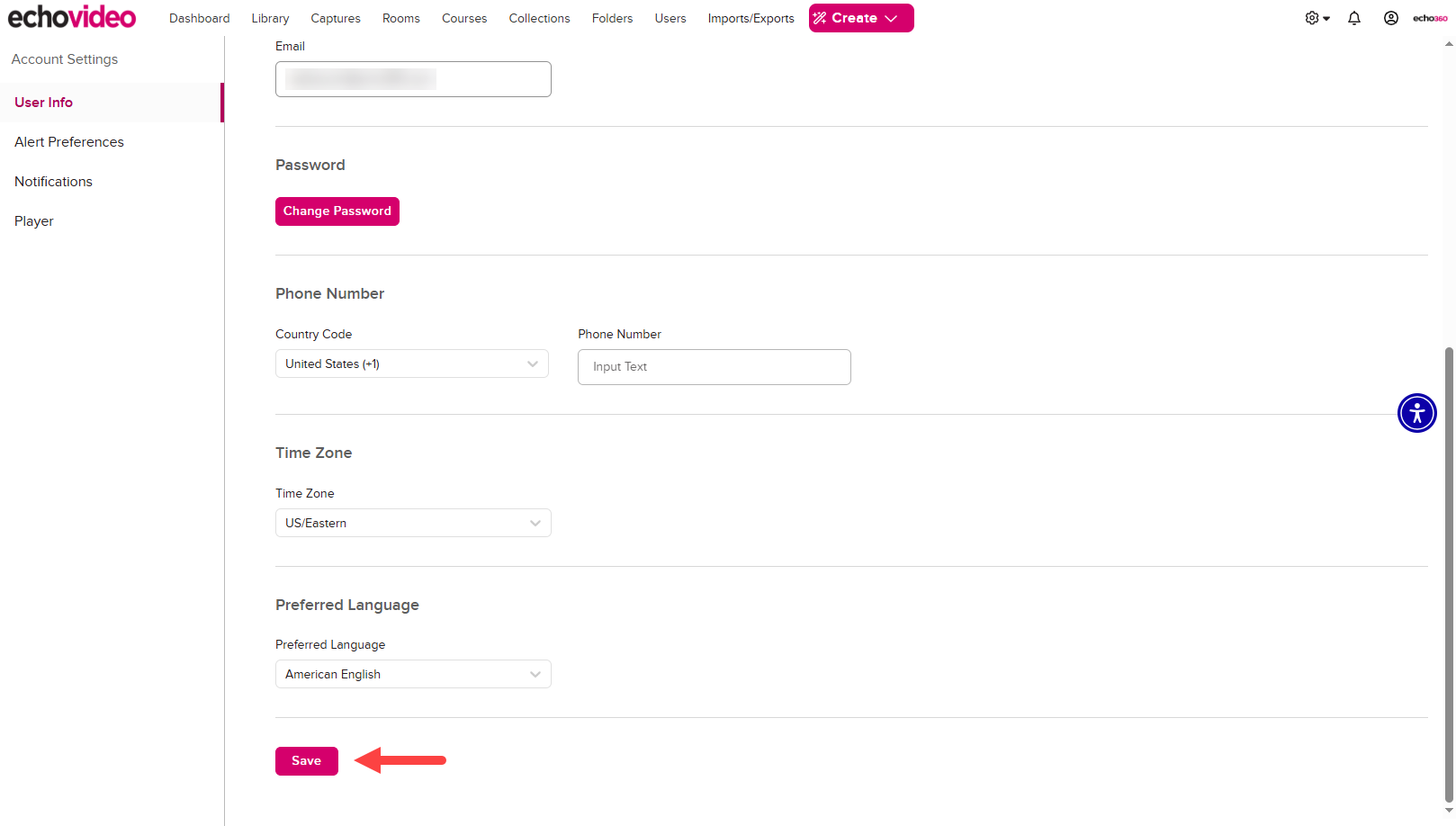 User info page containing fields as described