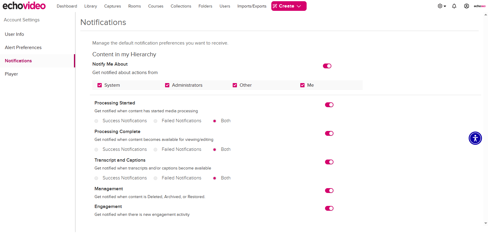 The EchoVideo Account Settings Notifications page with all available options enabled as described