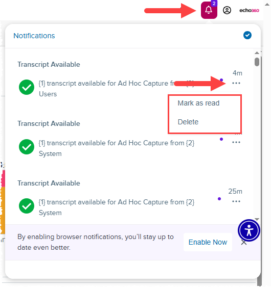 The Notifications icon open with notifications shown and a menu expanded with mark as read and delete options identified
