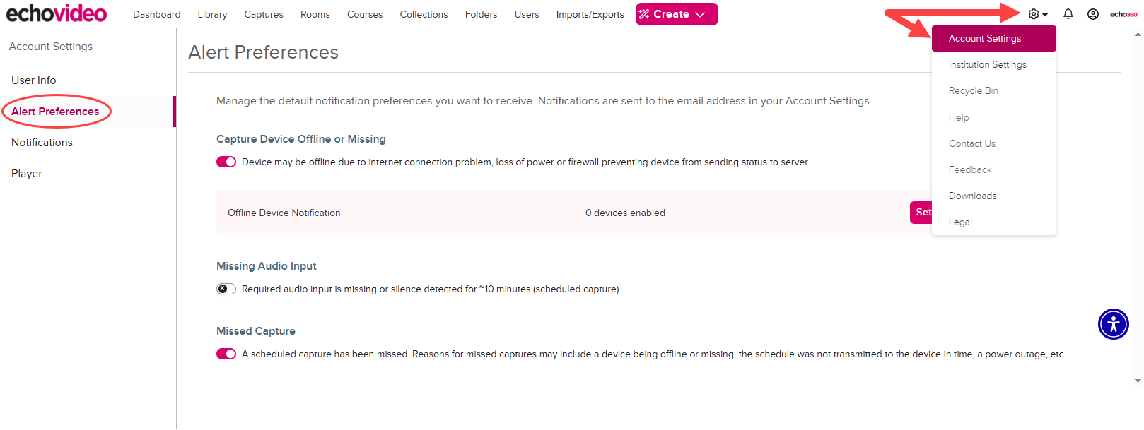 Admin account settings page with navigation and alert preferences identified