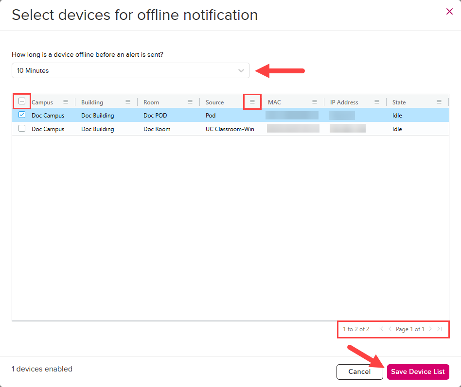 Select devices for offline alert dialog box with time threshold selected and identified as described