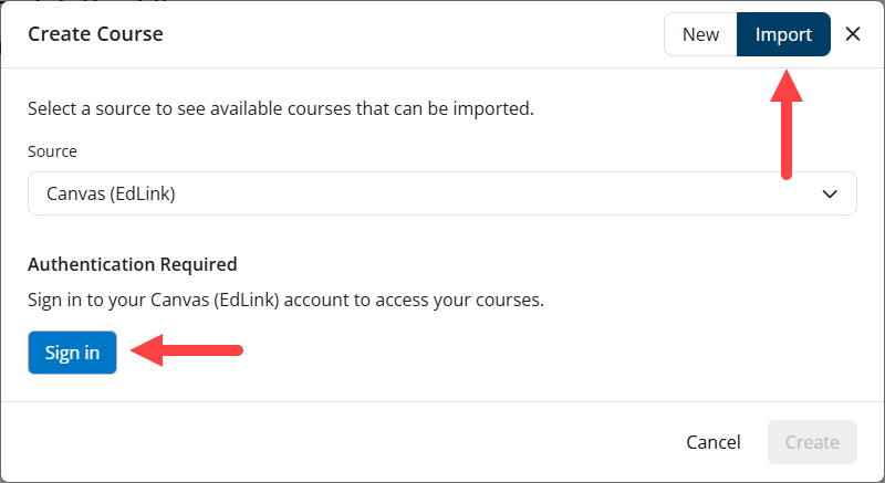 EchoExam create course modal with the Import option identified