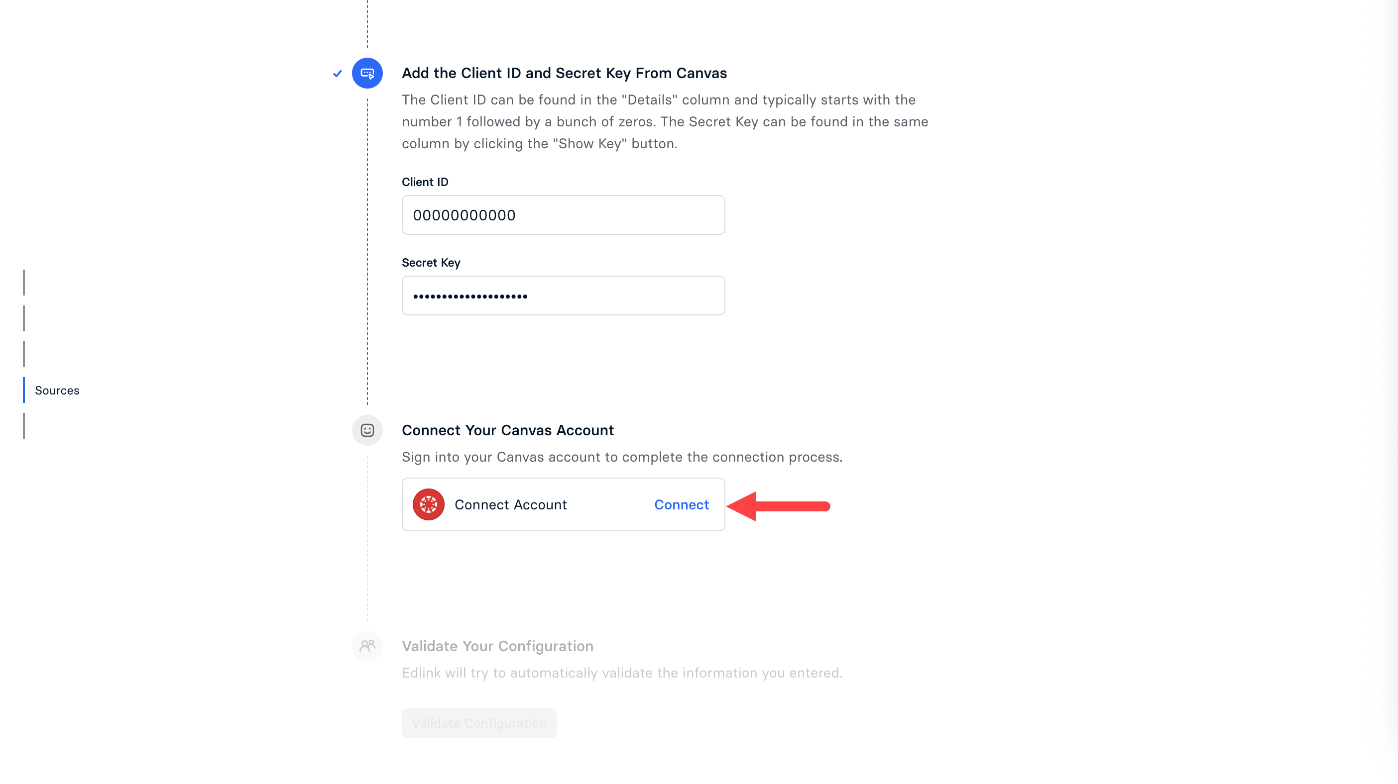 Integration workflow screen with Connect link under Connect Your Canvas Account identified as described
