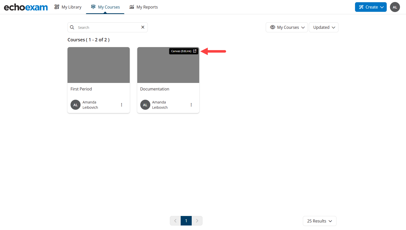 EchoExam My Courses tab showing a synced and nonsynced LMS course