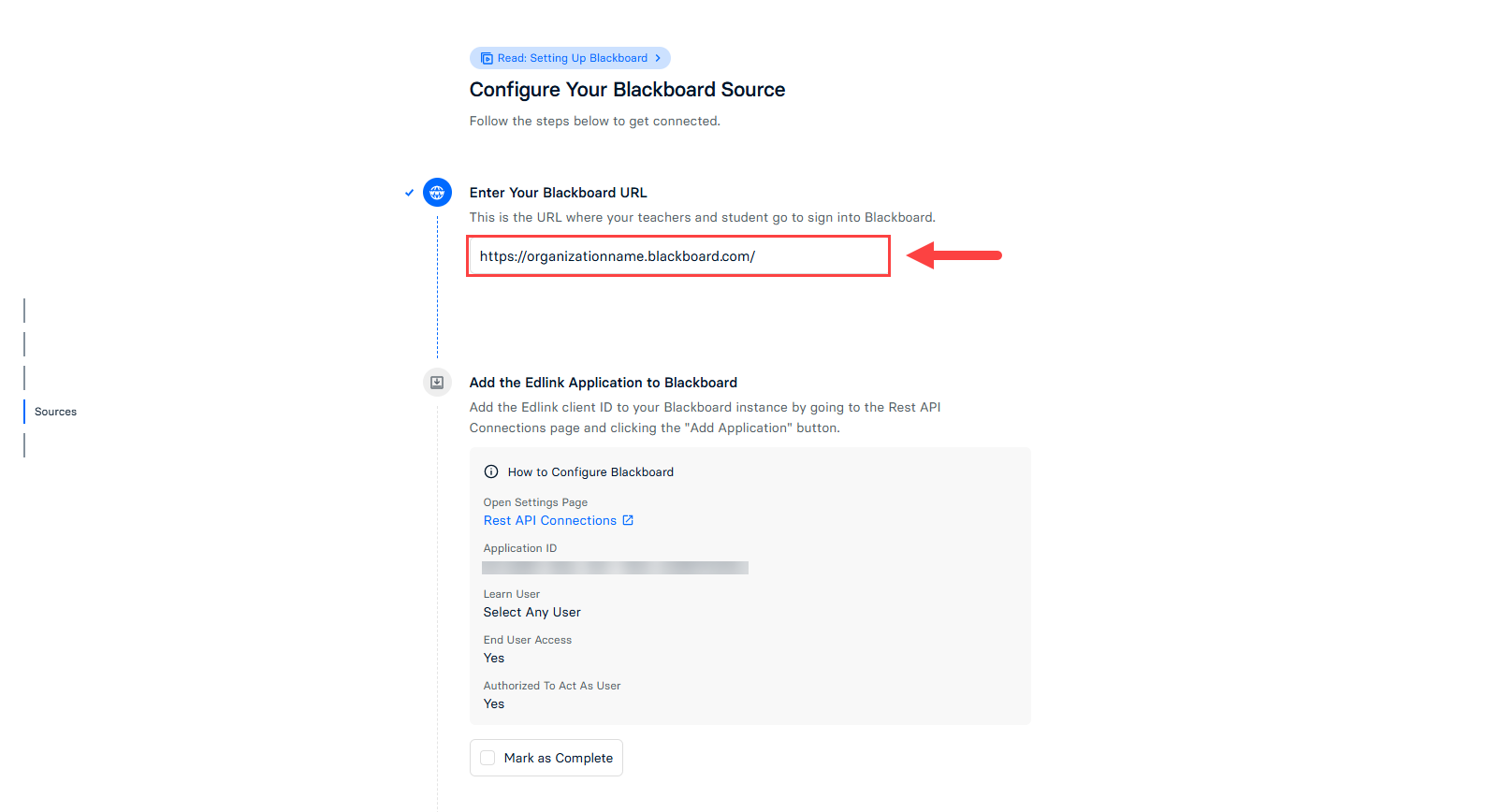 Integration workflow screen with box to Enter Your Blackboard URL identified as described