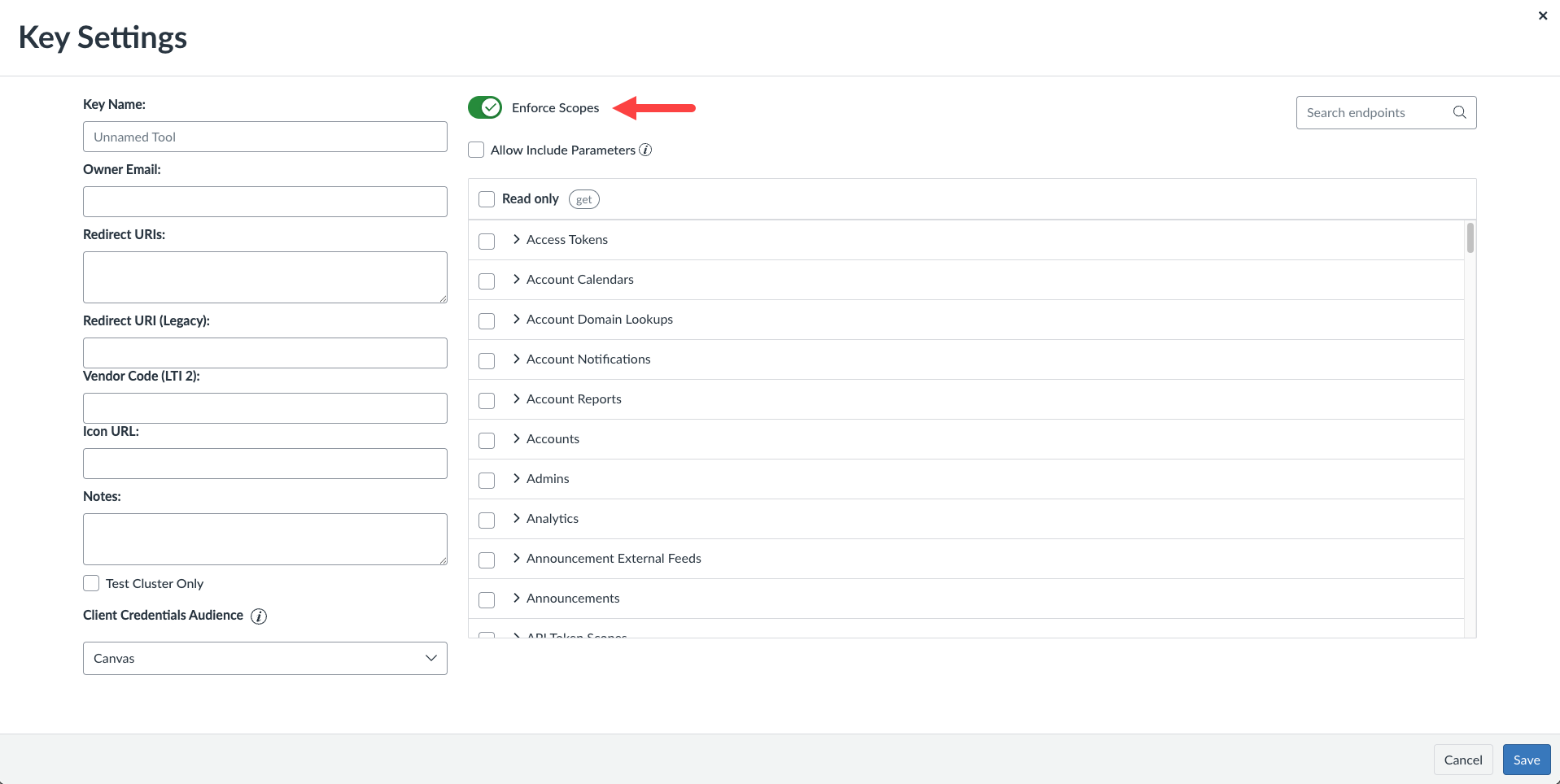 Canvas Key Settings with Enforce Scopes turned on as described