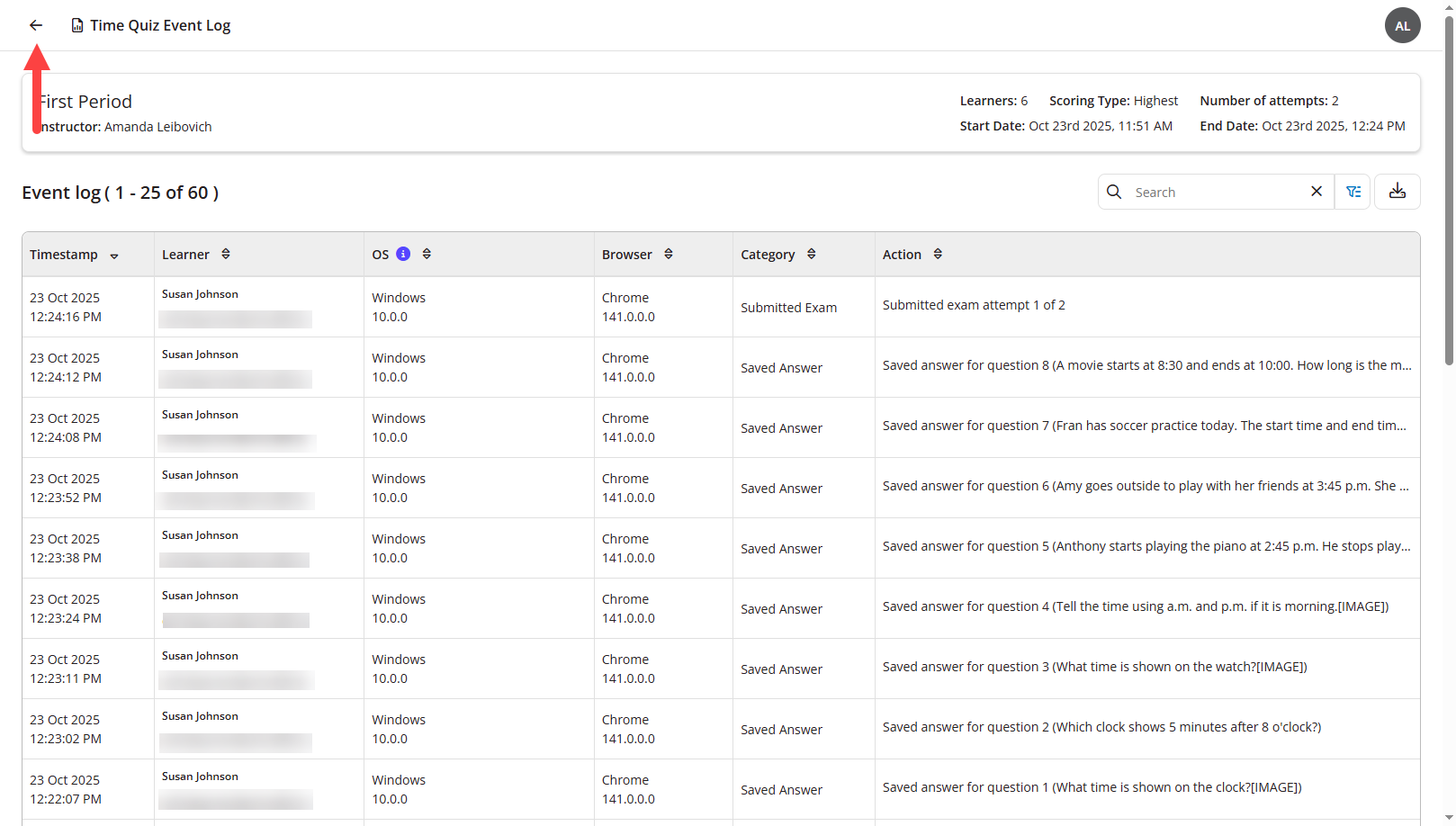 An event log for the selected exam showing the return to Event Log arrow identified and table columns as described. 