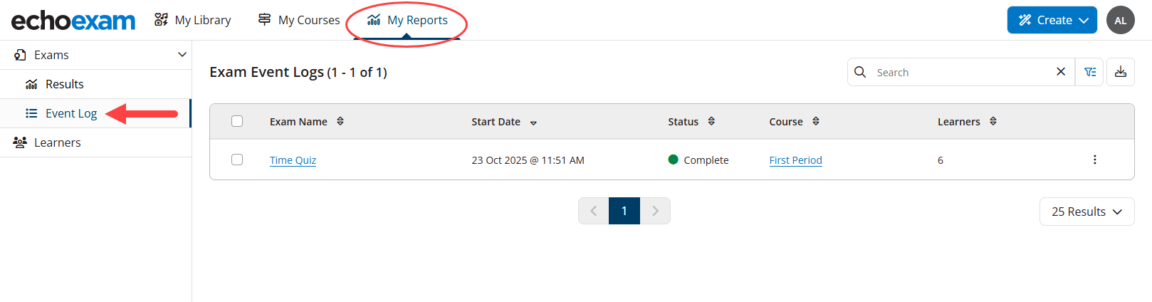 Exam Event Logs screen with My Reports and Event Log identified as described
