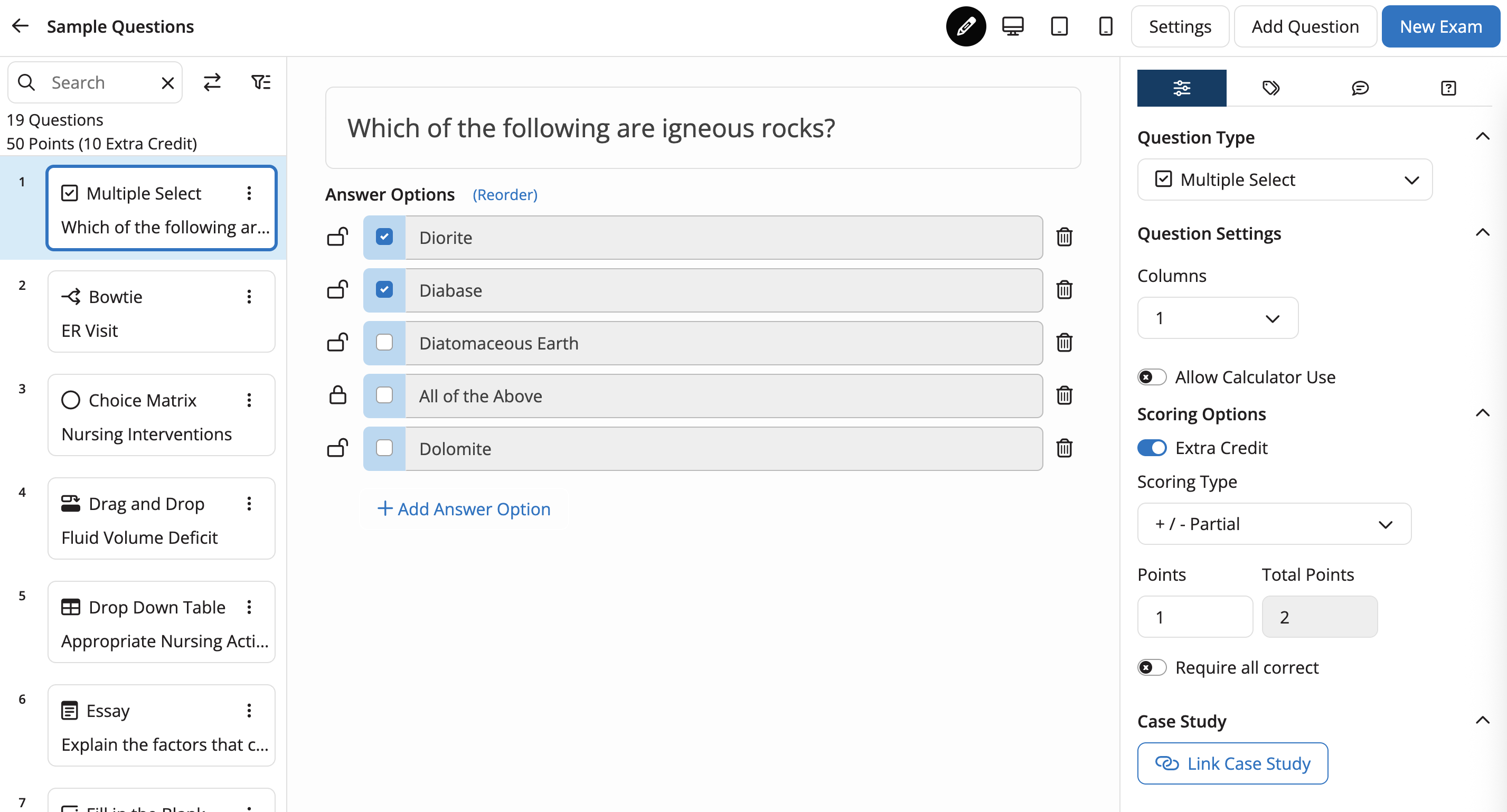 A question in a test with the question settings expanded and the Extra Credit option toggled on