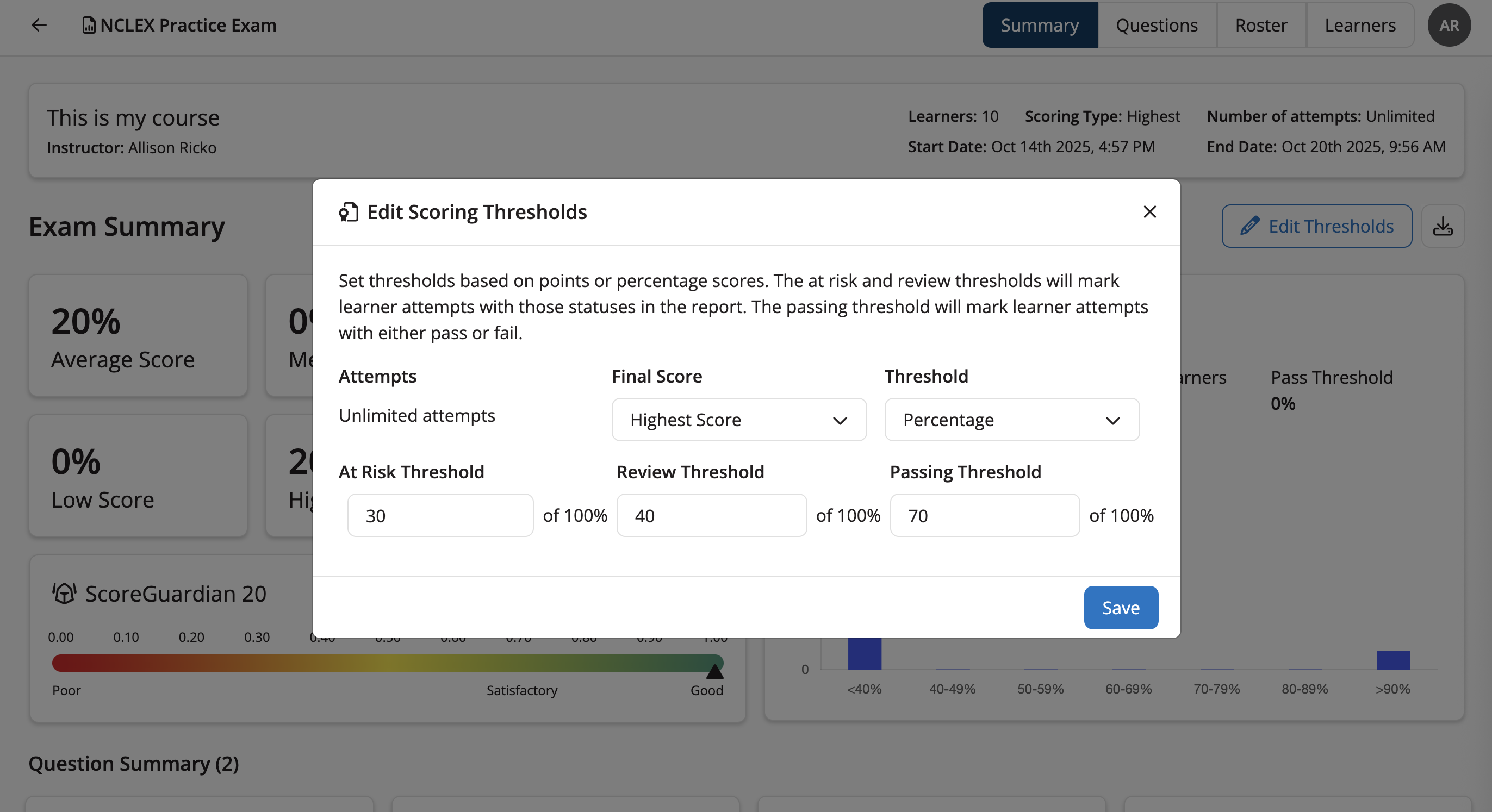 A completed exam with the Summary report open showing the Edit Scoring Thresholds modal