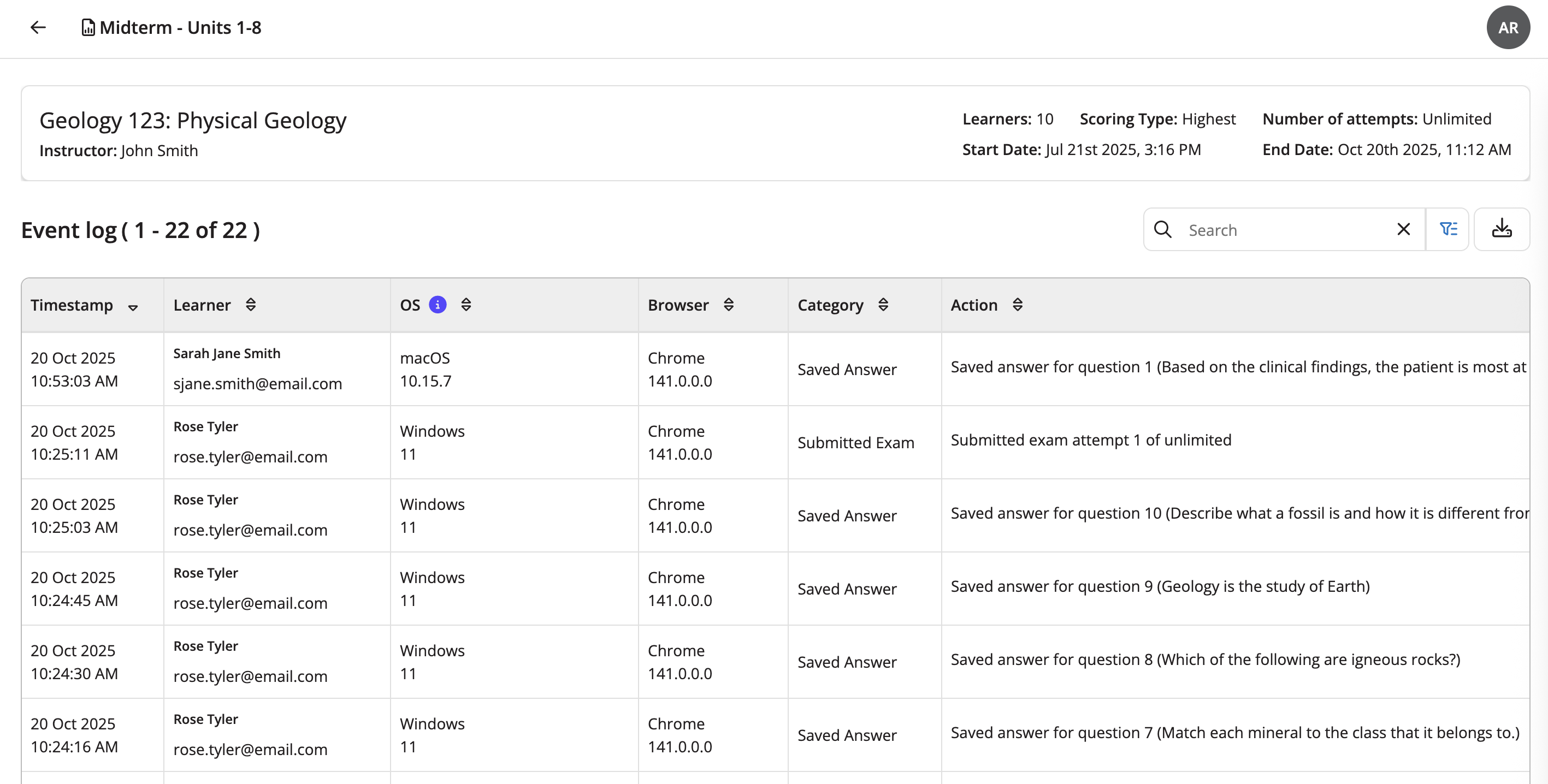 Instructor Event Log Report as described