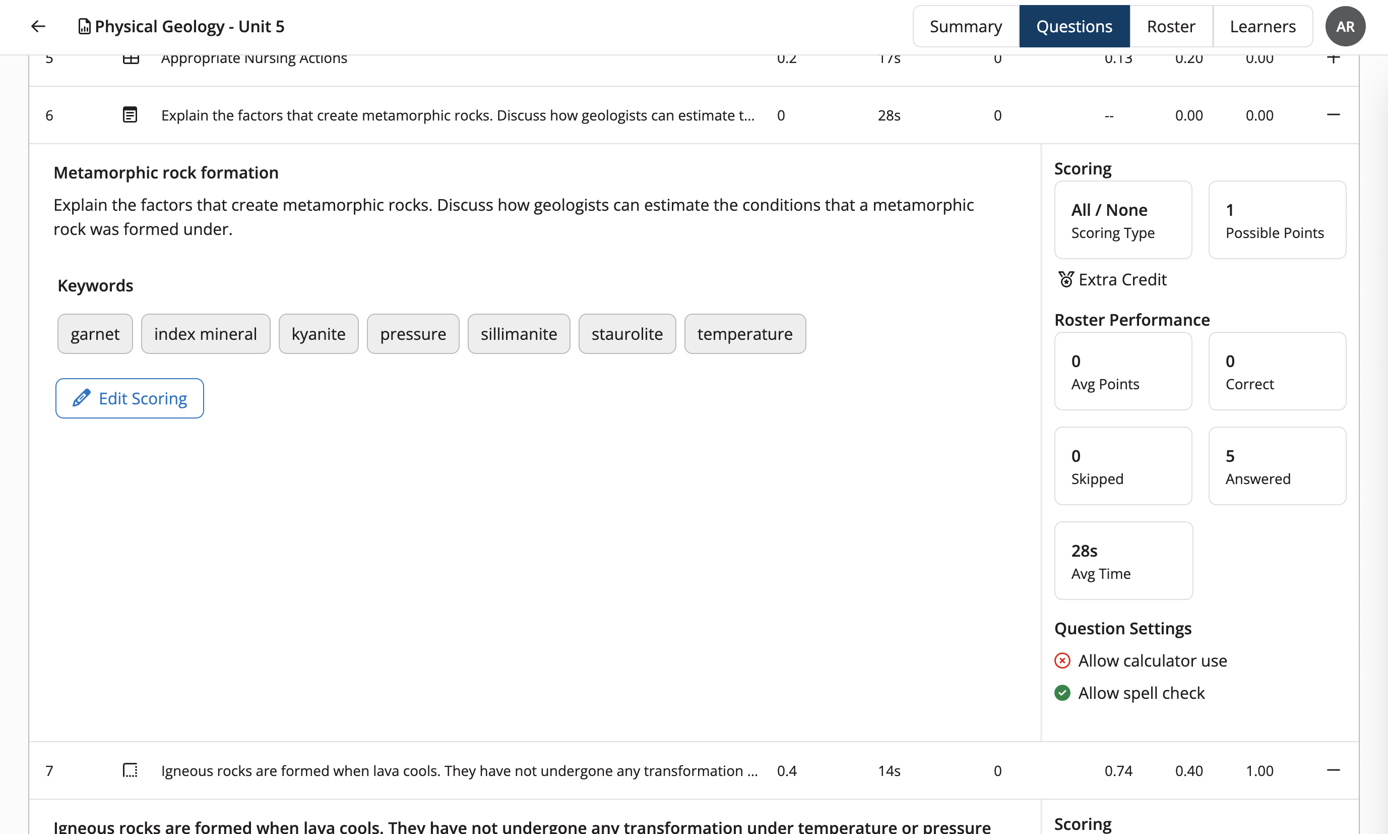Question details are expanded on the questions tab of the exam report with additional question settings displayed