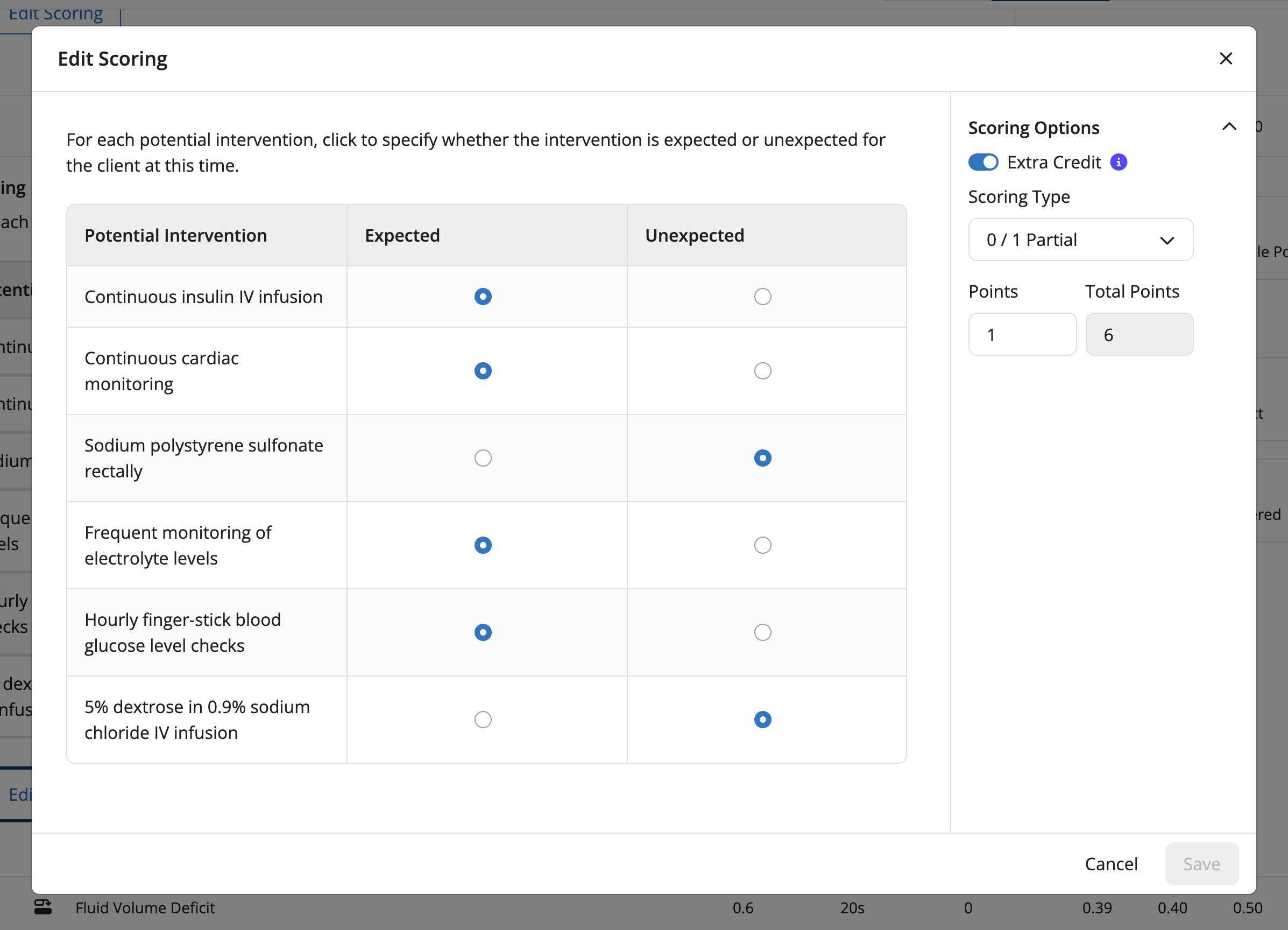 The Edit Scoring modal of a completed exam showing the ability to adjust the scoring methodology