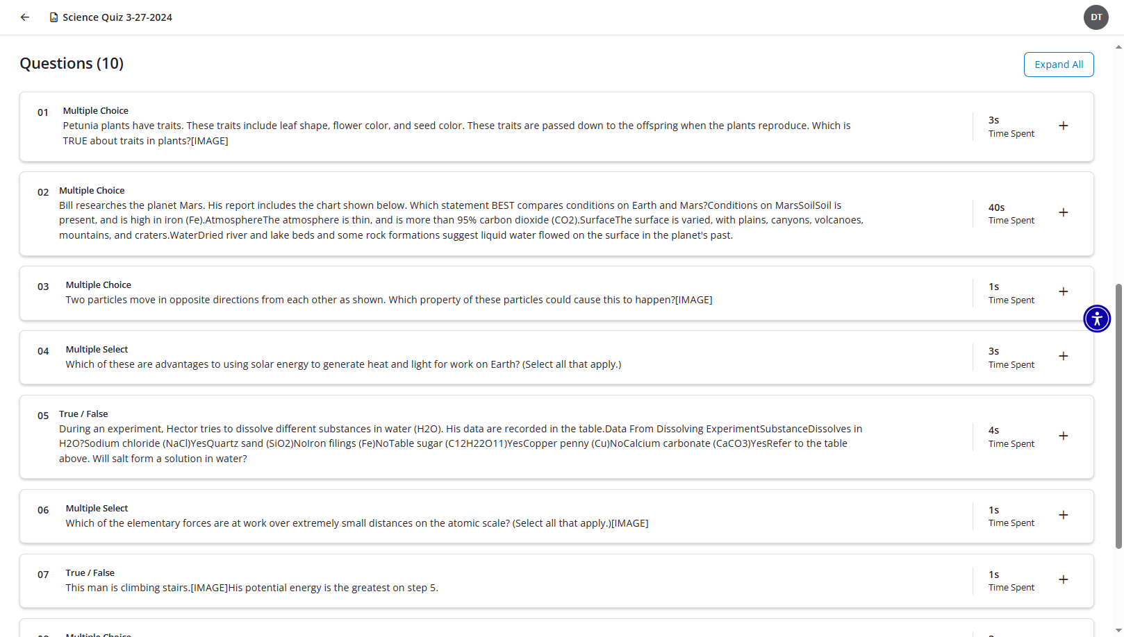 Questions on the Learner Report showing collasped questions