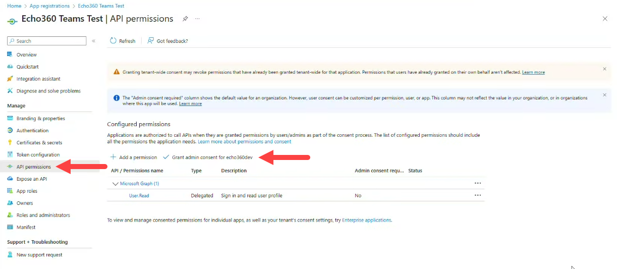 API permissions page of registered application with grant admin consent selection identified for steps as described