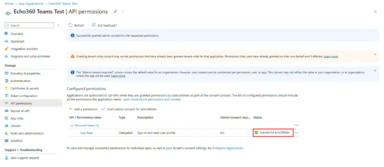API permissions page showing permssions granted as described