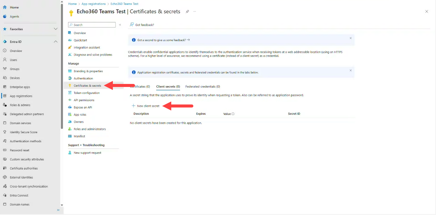 Certificates and secrets page with new client section button identified for steps as described