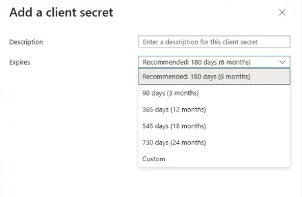 Add client secret modal with Description field and Expires drop-down list open showing expiration options available for selection