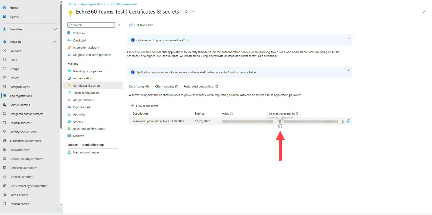 Certificates and secrets page with new client secret shown including secret value with copy icon for use as described