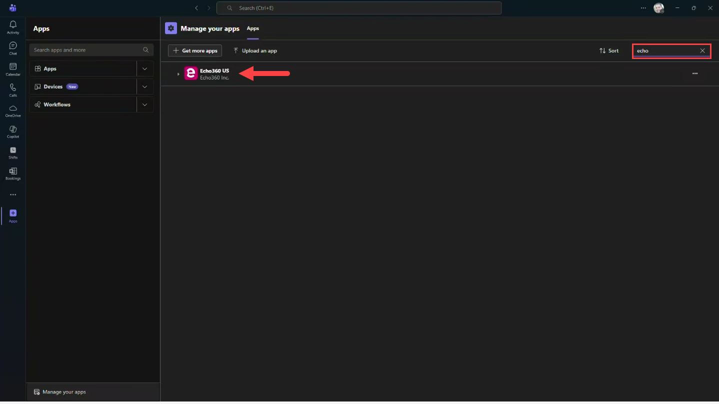 Teams administration portal with Echo app showing in app list as described