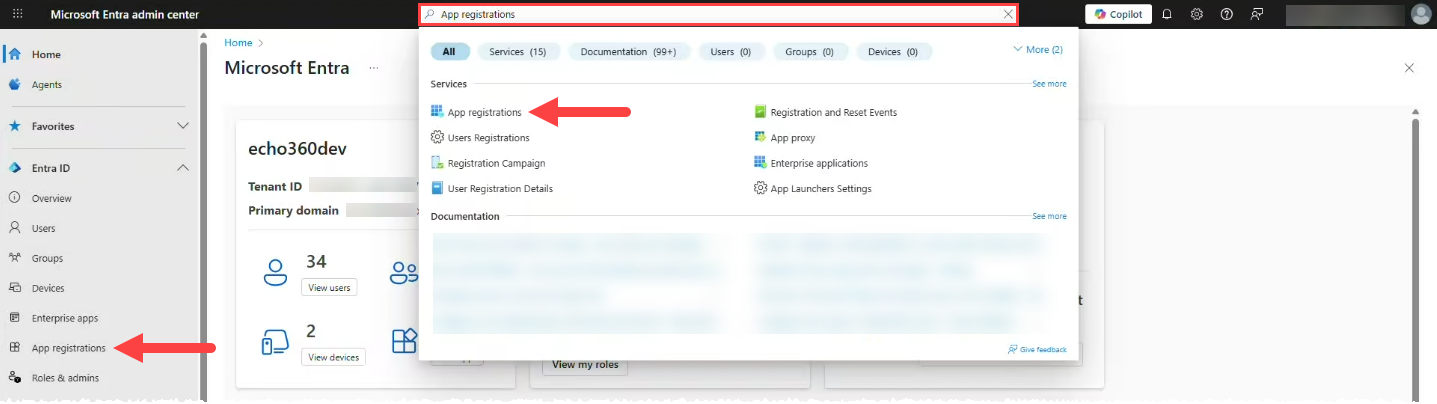 Microsoft Entra administrator portal with search field populated and App Registrations option identified as described