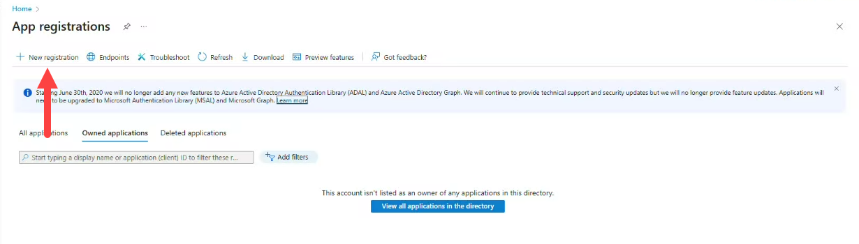 App registration page with new registration button identified for steps as described
