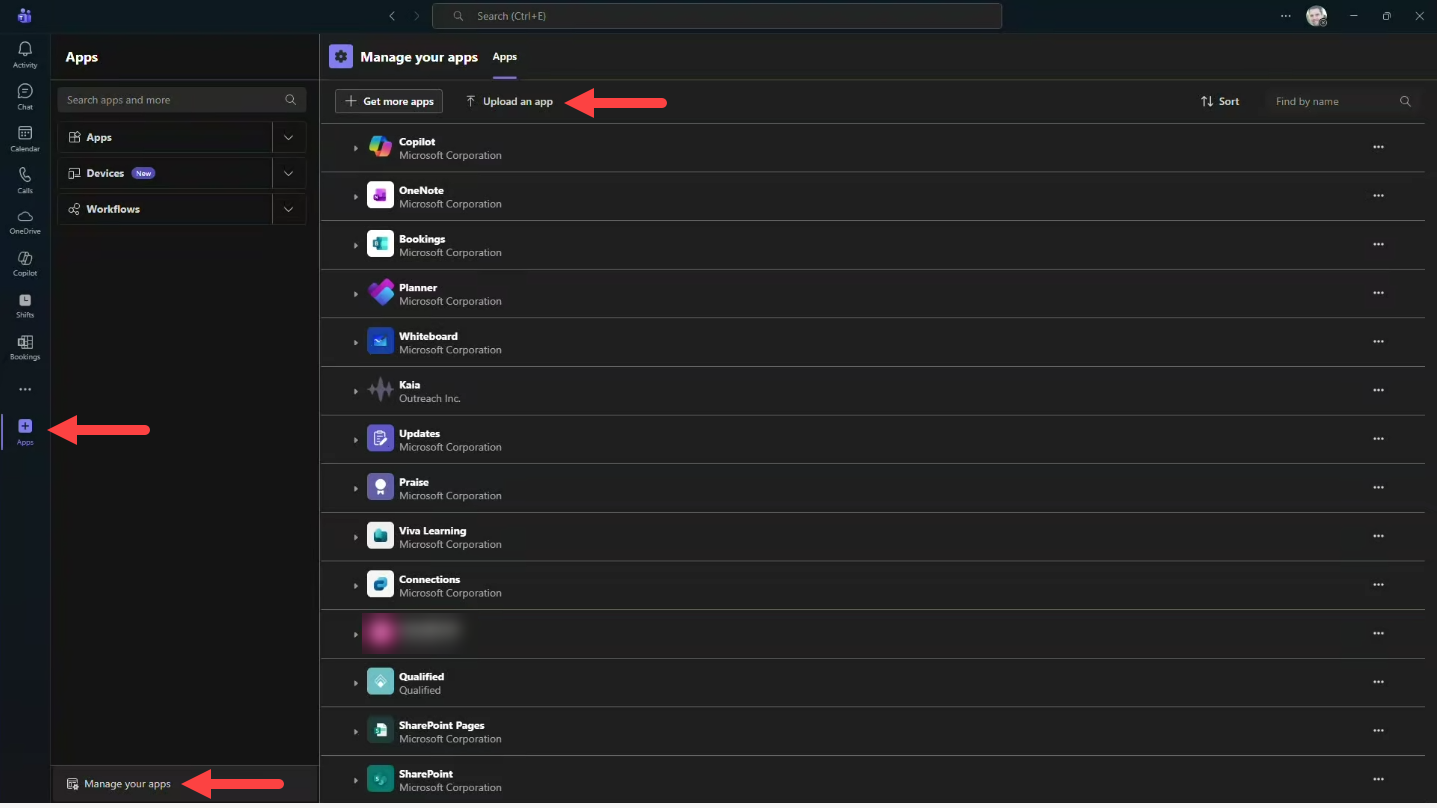 Teams administration portal with Teams apps options showing and Upload button on Manage Apps page identified for steps as described