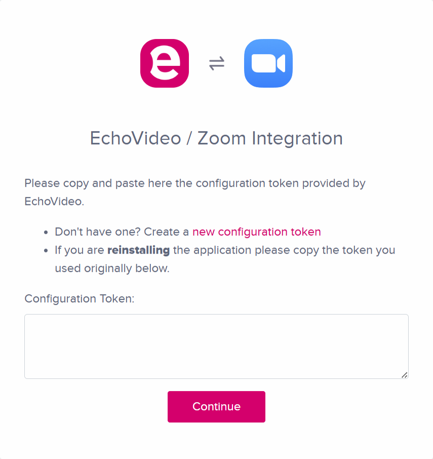 Zoom installation screen requesting EchoVideo configuration token as described