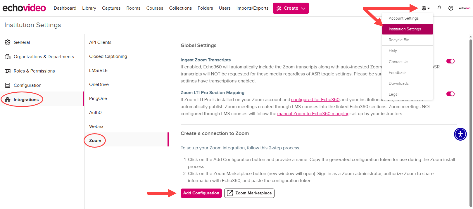 Institution Settings open to Integrations-Zoom with Add Congifuration button identified as described